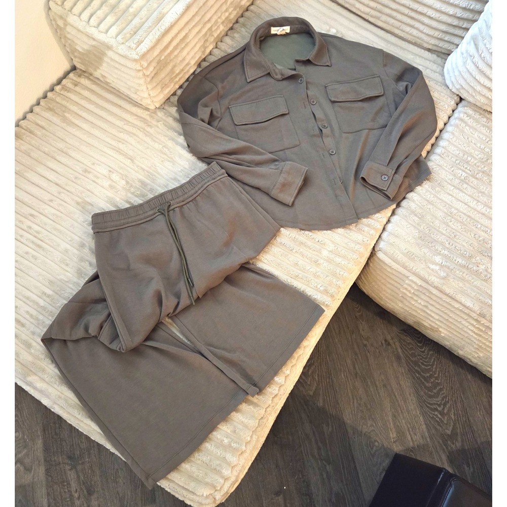 Happily Grey Olive Green Lounge Set Size M Button Front Utility Shirt Wide Leg